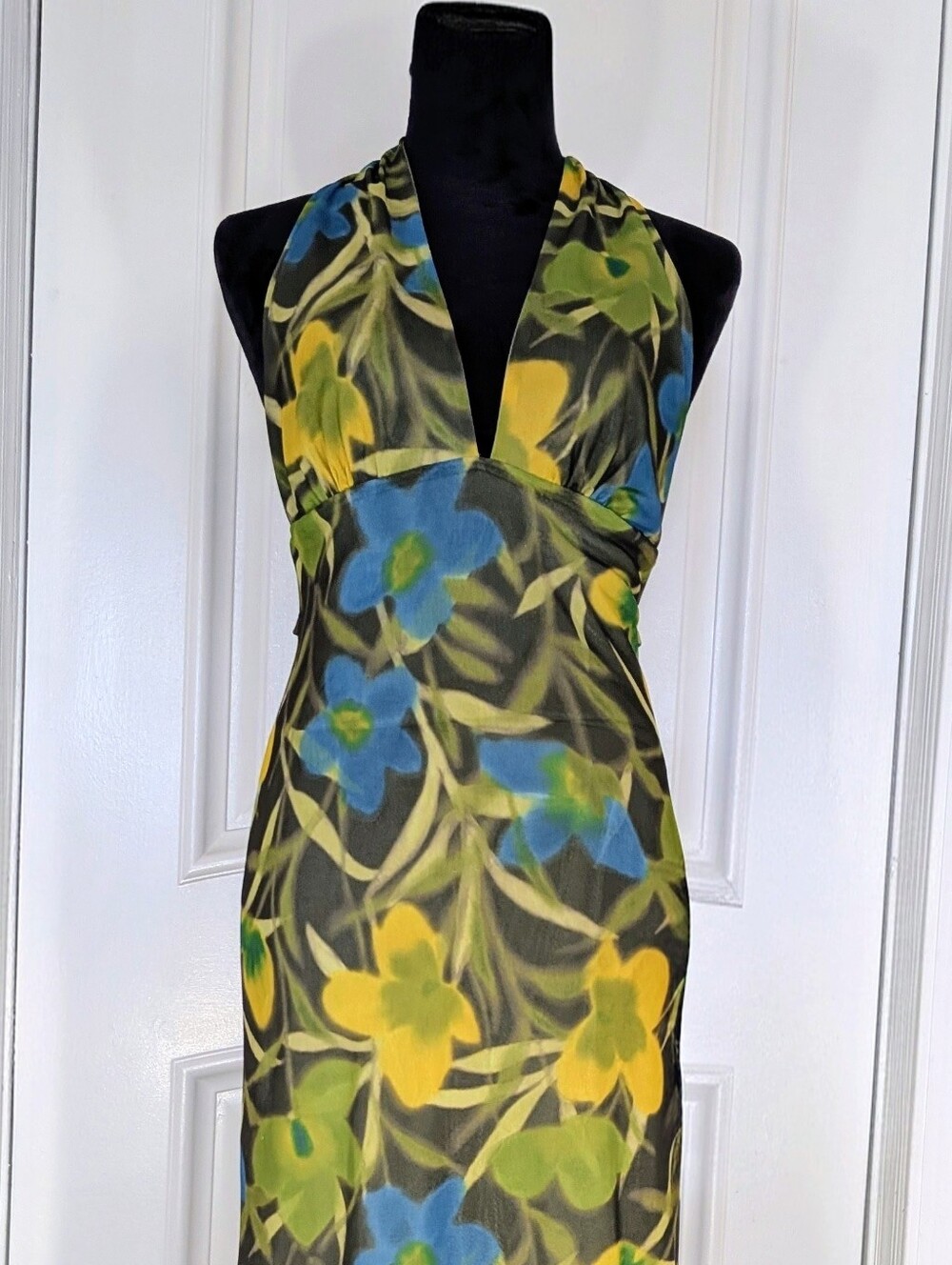 Vintage Brandenburg Halter Midi Summertime Dress in Yellow, Blue & Green Floral